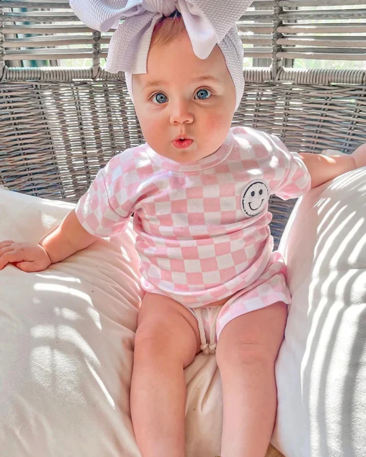 Checkerboard Print and a Little Smile Face Summer Baby Set Short Sleeve Shirt and Shorts Outfit - Image 5