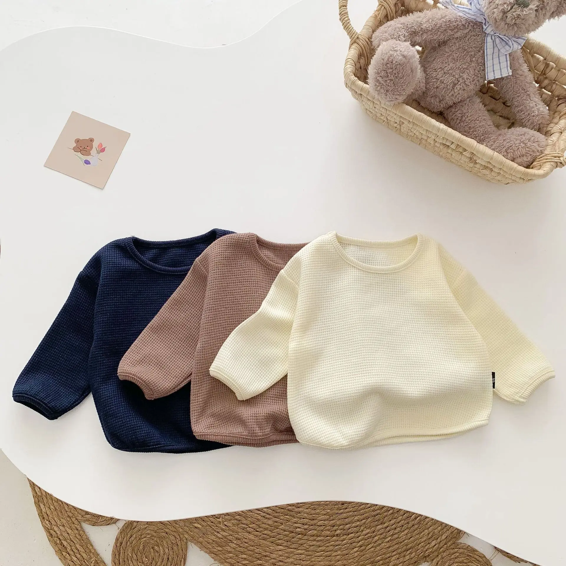 Ins Baby Long Sleeve Waffle Clothes Swoop Bottom Pullover Top Shorts Kids Casual Outwear - Image 3