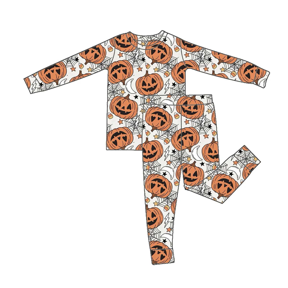 OEM Kids Toddler Unisex Bamboo Pajamas 2pcs Romper Halloween Pumpkin Ghost Pattern Soft Cute Baby Long Sleeve Set - Image 4