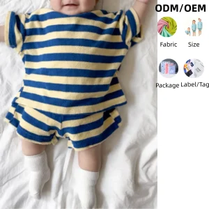 Kids Unisex Terry Cloth Stripe Short Sleeve Oversized Top and Shorts Set Breathable Beach Wear Baby Clothes Set