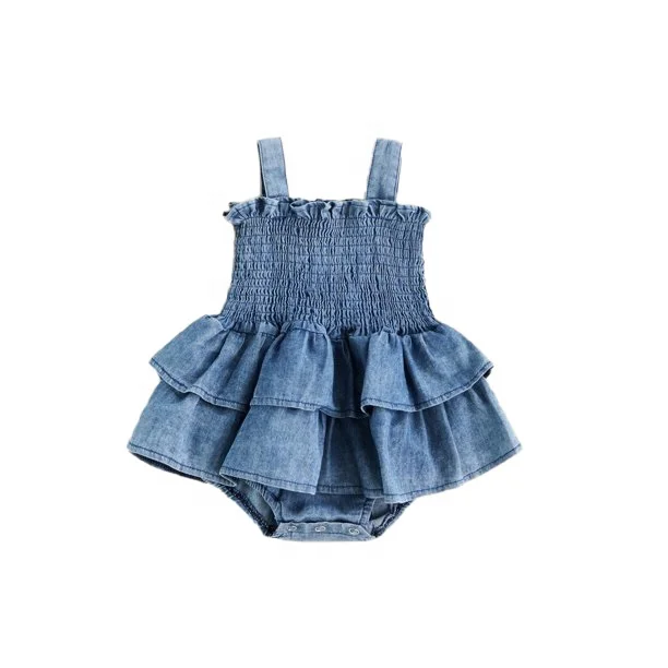Custom Infant Baby Girl Summer Outfits Ruffle Denim Sleeveless Romper Dress One Piece Jumpsuit Bodysuit - Image 2