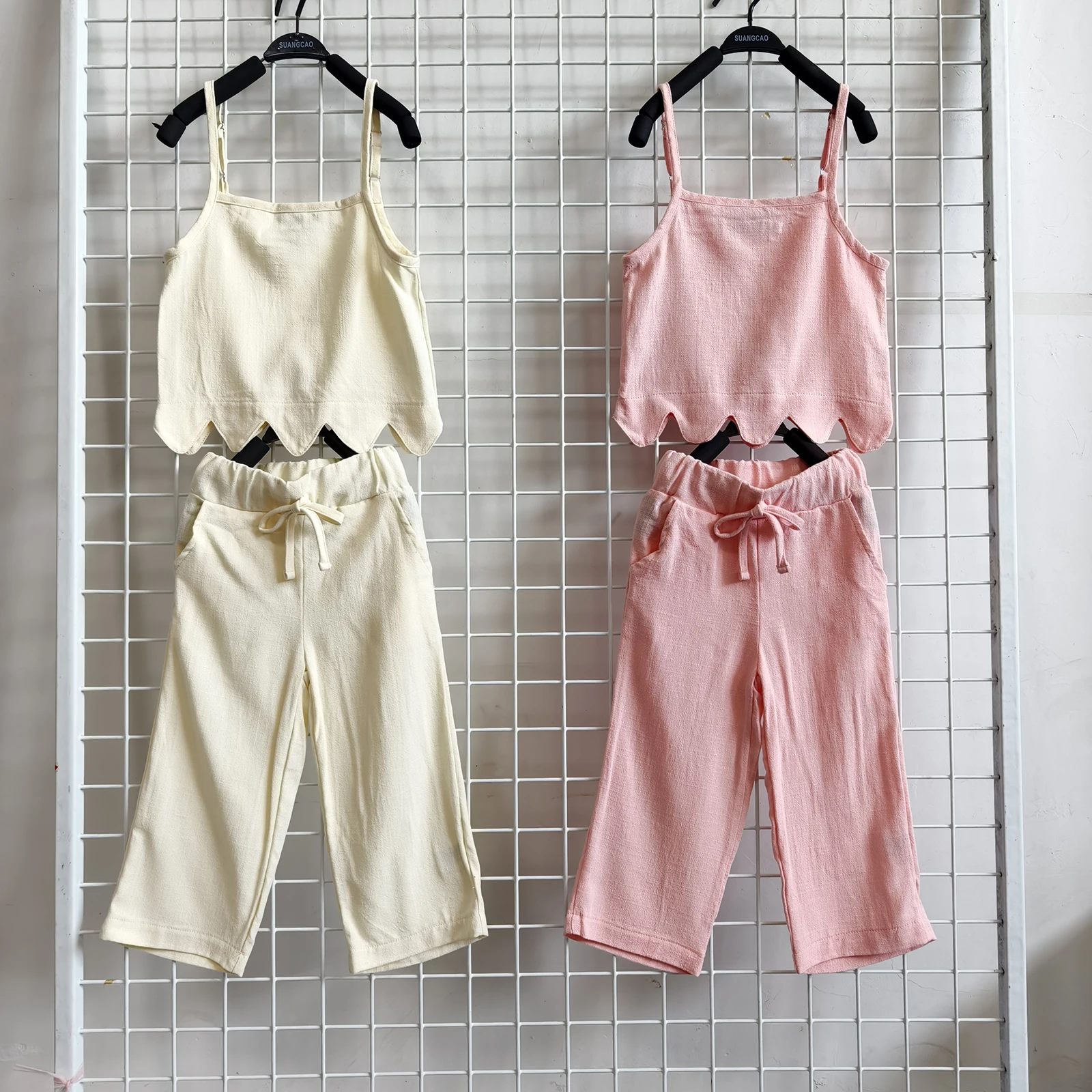 Customized Kids Clothes Set Toddler Baby Girl Summer 2Pcs Outfit Sleeveless Top and Cotton Linen Pants Set Solid Color Clothes - Image 2