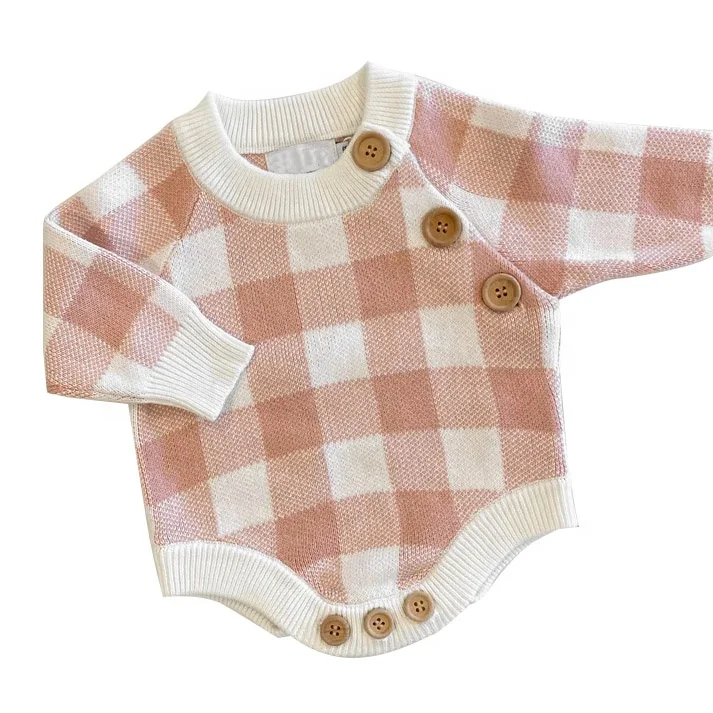 Custom Knitted Baby Romper Long Sleeve Gingham Cute Sweater Romper Outfit - Image 3