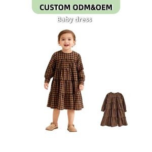 OEM Custom Baby Clothing 100% Cotton Baby Girls' Plaid Tiered Dress Long Sleeve Girl Kid Casual Sundress