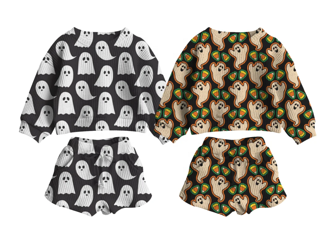 Custom Baby Halloween Waffle Set Ghost Pumpkin Seamless Design Print Pattern Long Sleeve Shirt and Shorts Casual Two Pieces Set - Image 2