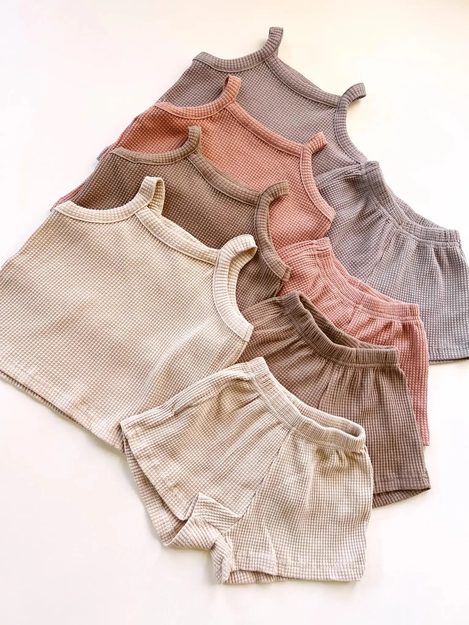 Unisex Baby Clothes Sets Solid Color Soft Waffle Toddler Kids Shorts Sleeve Shirt Matching Drawing Shorts Children Outfit Set - Image 2