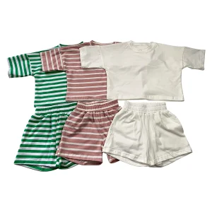 Custom Summer Infant Baby Stripe Knit Cotton Short Sleeve Shirt Match Drawstring Shorts Casual Tracksuits Kids Clothes Set