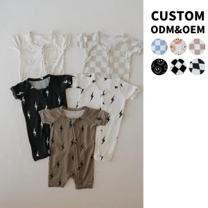 OEM Summer Kids Unisex Bamboo Shorty Romper Checkerboard lightning Pattern Soft Breathable  2-way Zipper One-pieces