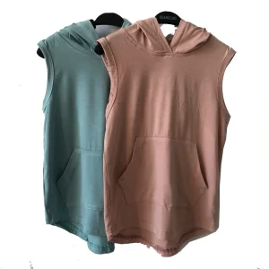 Cozy Summer Kids Bamboo Hooded tank Sleeveless Curve Hem Baby Kangaroo Pocket Shirt