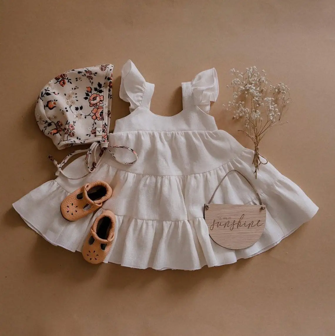 Birthday Baby Girls Outfits Pure Cotton Flutter Tiered Dress Infant Linen Boho Summer Dress - Image 5
