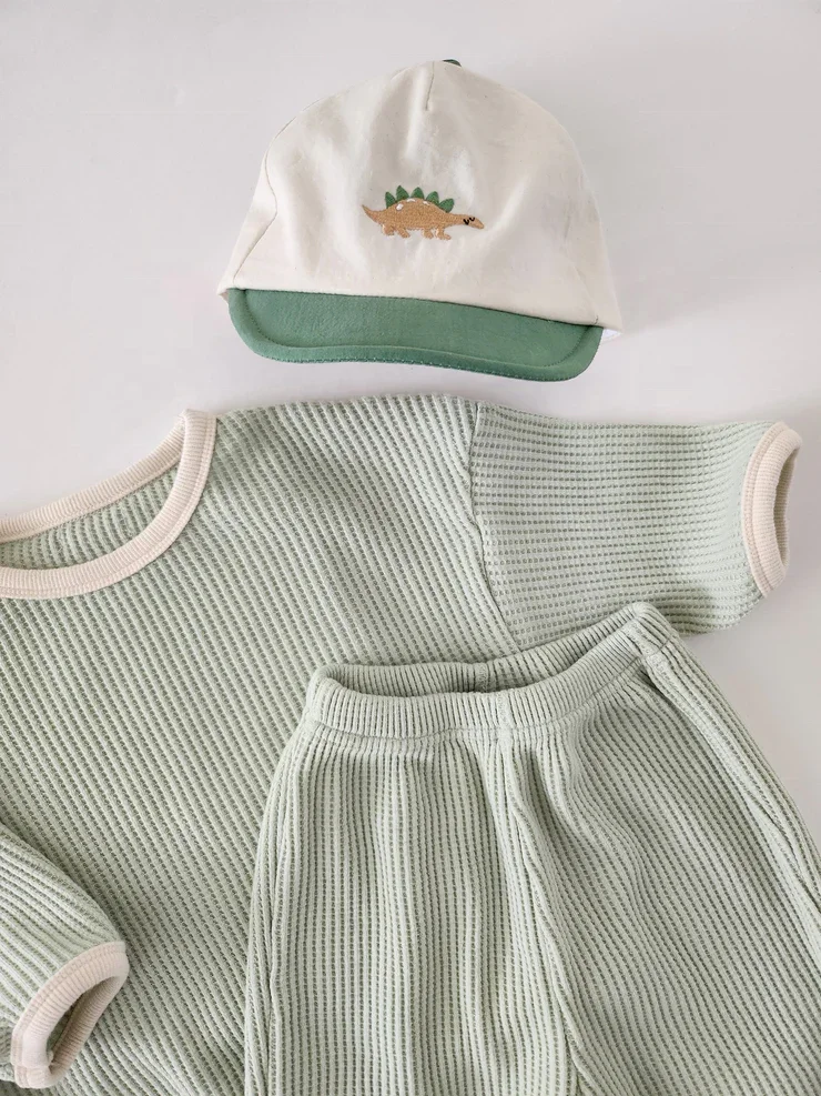 Custom Baby Toddler Lime Waffle Cotton Top and Jogger Pants Long Clothes Set Suit - Image 3