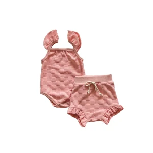 Girl Custom Color Plaid Pattern Terry Overall Baby Clothing Sets Casual Style with Ruffle Sleeves for Summer