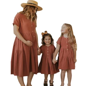 Lovely Mother-Child Design Short-Sleeved Casual Muslin Frock with Sunshine Buttons Formal Print Pattern Dress Toddlers New Model