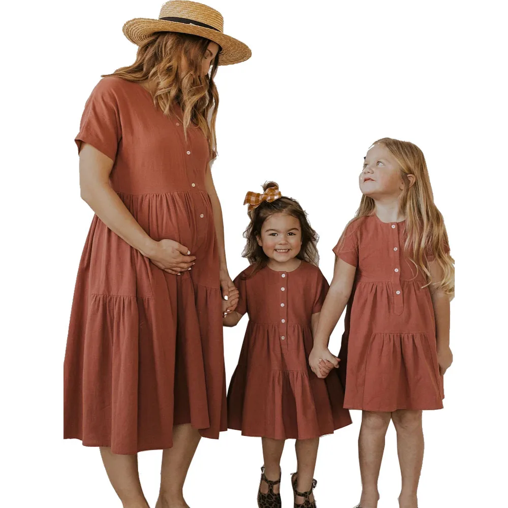 Lovely Mother-Child Design Short-Sleeved Casual Muslin Frock with Sunshine Buttons Formal Print Pattern Dress Toddlers New Model