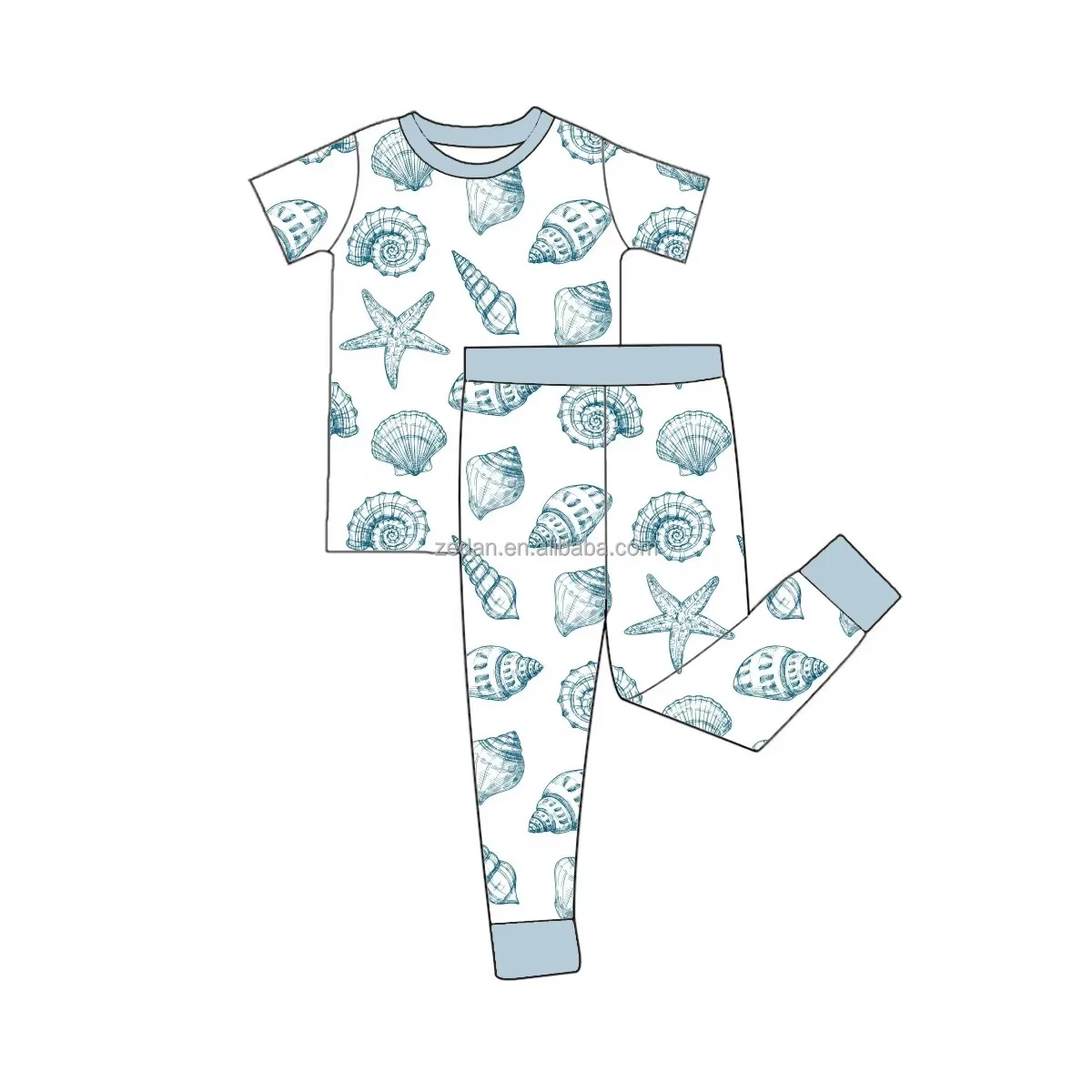 Kids Bamboo Pajamas Sea Prints Two Piece Short Sleeve and Pants Set Summer Cozy Bamboo 2 Piece Pjs - Image 2