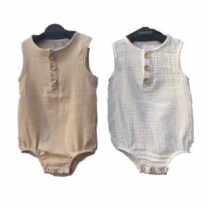 Toddler Girls Boys Summer Sleeveless Bodysuit Unsex Baby Muslin Jumpsuit with Button Muslin Romper