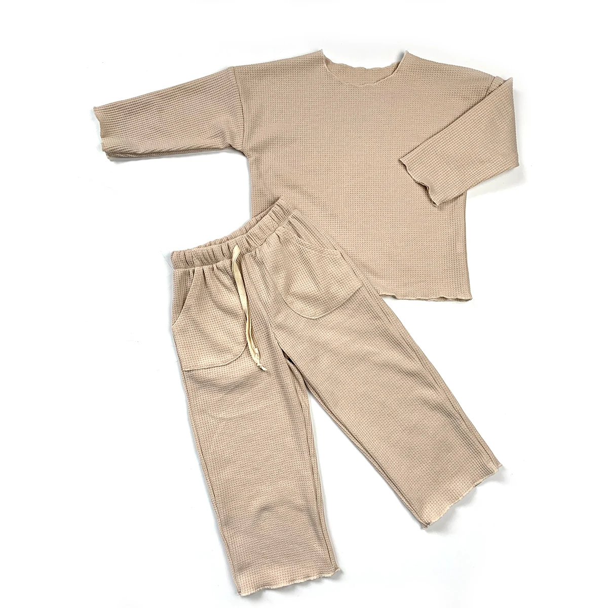 Custom New Design Oversize Solid Color Flare Waffle Cotton Casual Kids Pullover Set 2 Piece Clothes Set - Image 5