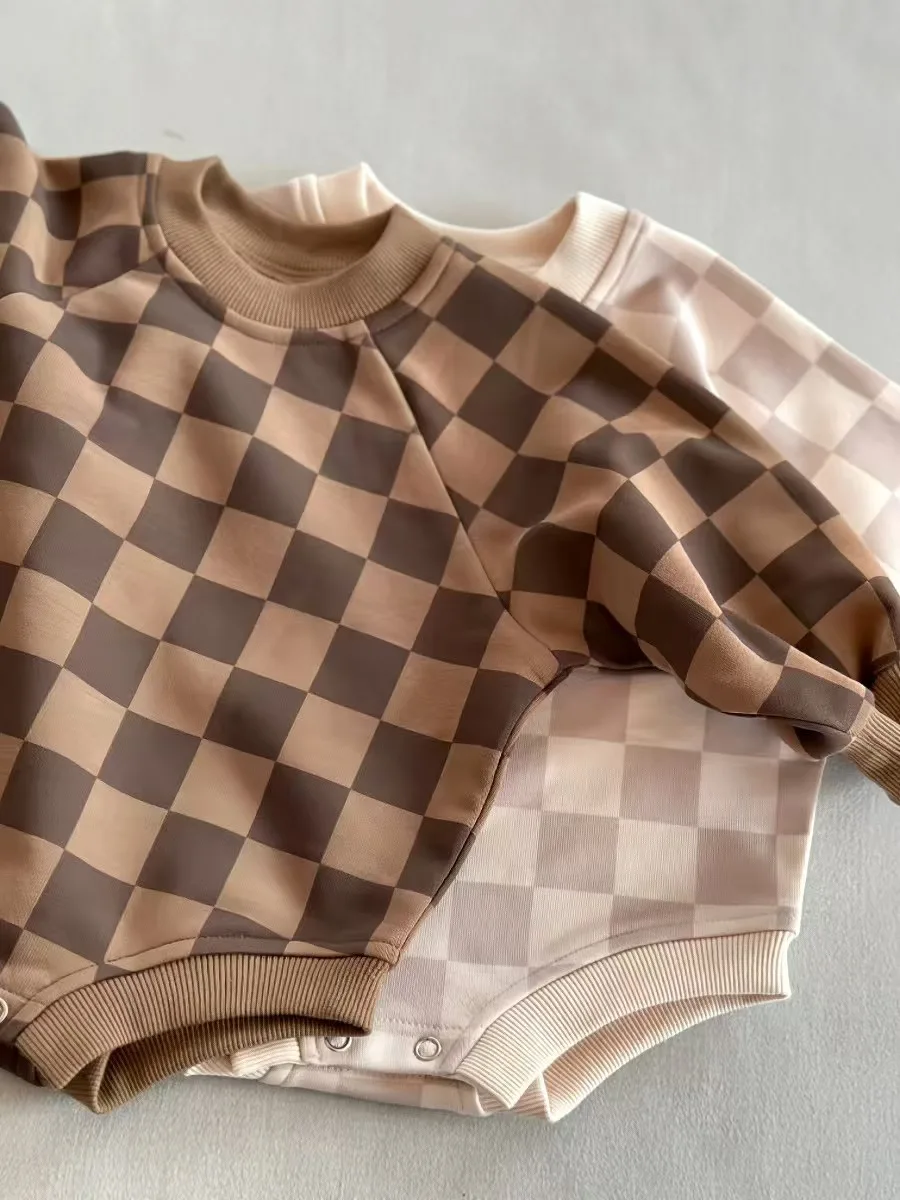 Custom Baby Unisex Long Sleeve Oversized Crewneck Sweatshirt Romper Boys Girls French Terry Checkerboard Bubble Romper - Image 3