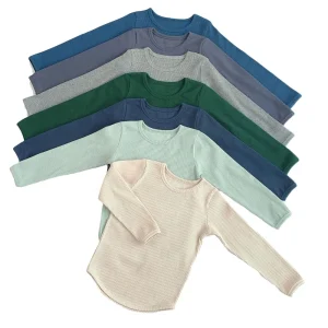 Custom Baby Toddler Elastic Ribbed Cotton Long Sleeve Unisex Casual Curved Hem T-shirts