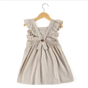 Baby Summer Ruffle Sleeveless Plain Knee Length Dress Girls Cross-strap Linen A-line Dress