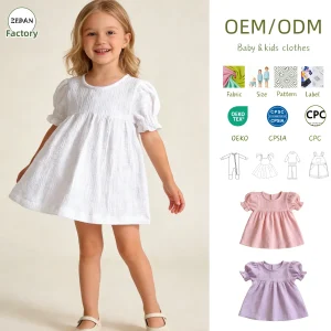 Custom Girls' Skirt Baby Girls Organic Crinkle Gauze Puff Sleeve Dress White Casual Summer Ruffle Dress Baby Clothing Wholesale
