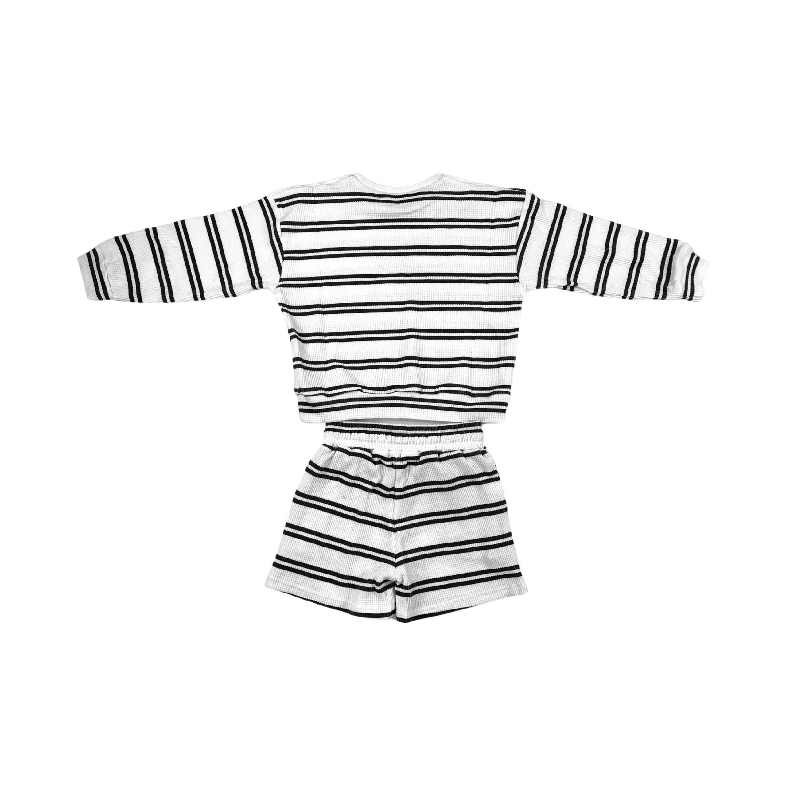 Spring Autumn Infant Toddler Unisex Boys Girls Waffle Stripe Oversized Crewneck Sweatshirt and Shorts 2pcs Set - Image 2