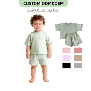 Custom Soft Baby Clothing 2-Piece Knitted 100% Cotton Solid Casual Shirt & Shorts Set for Baby Girls Summer