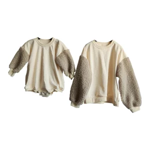 Long Sleeve Fall Infant Onesie Romper Sherpa Sleeve Autumn Newborn   Solid Color Toddler Pullover Sweatshirt Baby Bubble Romper