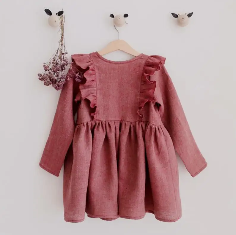 Australian Style Fashion Linen Baby Dress Girls Clothing with Flutter Long Sleeve for Autumn Solid Pattern Mixed Type Children - Image 5