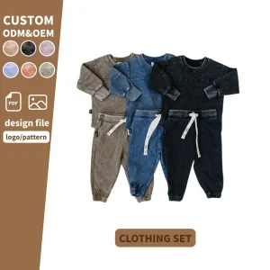 Custom Knitted Full Sleeve Baby Clothes Set Acid Wash Spring Autumn Wholesale Casual Style Cotton Fabric Solid Pattern