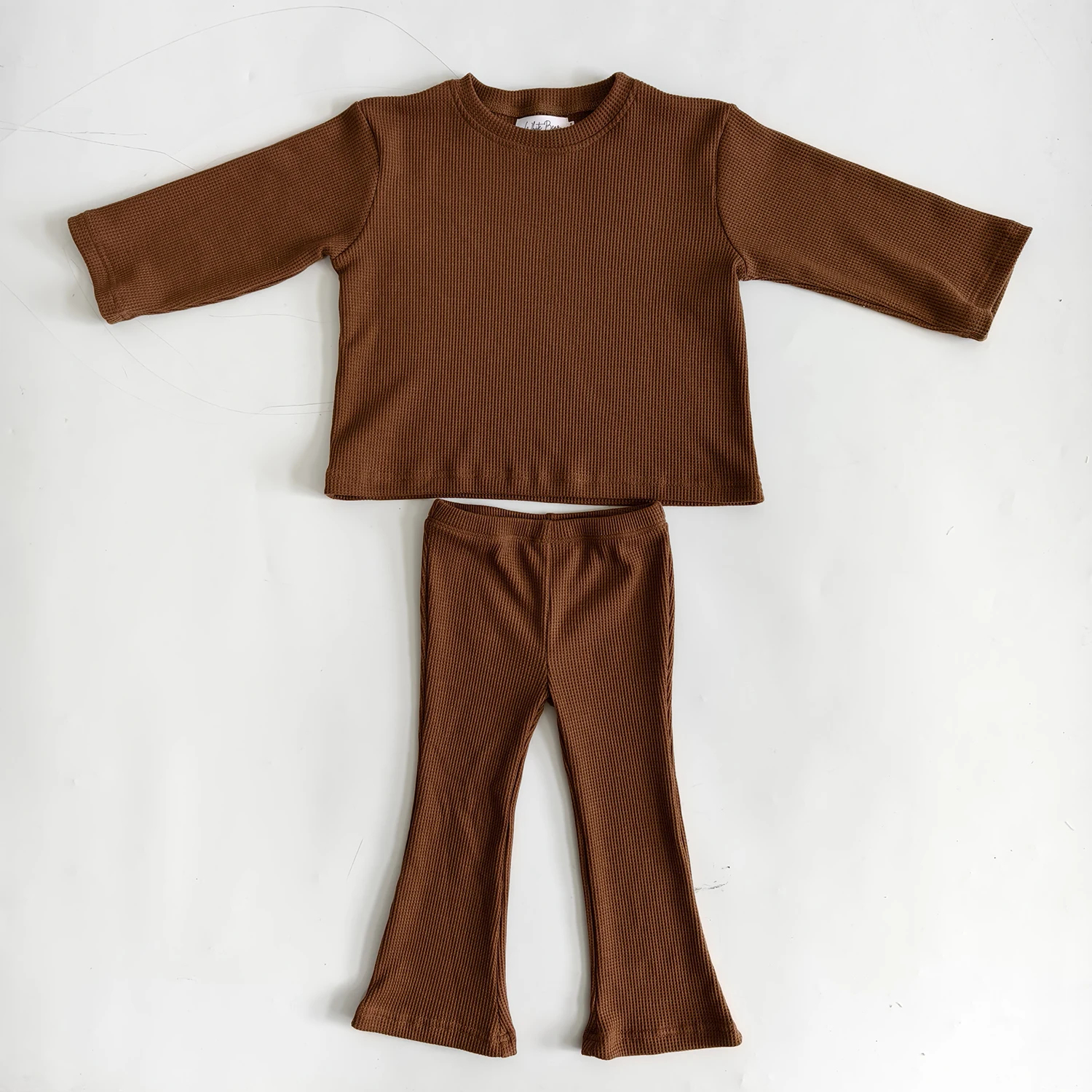 Custom Kids Clothes Set Toddler Girl Fall Outfit Baby Long Sleeve Top and Flared Pant 2-Piece Waffle Clothing Set - Image 2