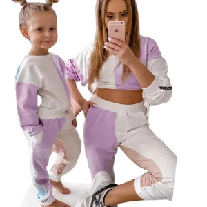 Custom Autumn Color Block Mom and Me Long Sleeve Sweatshirt Pants Set Family Matching Outfits