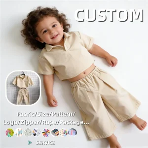 Custom Two-Piece Set for New Baby Boys and Girls Solid Pattern Casual Sports Cotton Linen Short Sleeved Top Custom Print