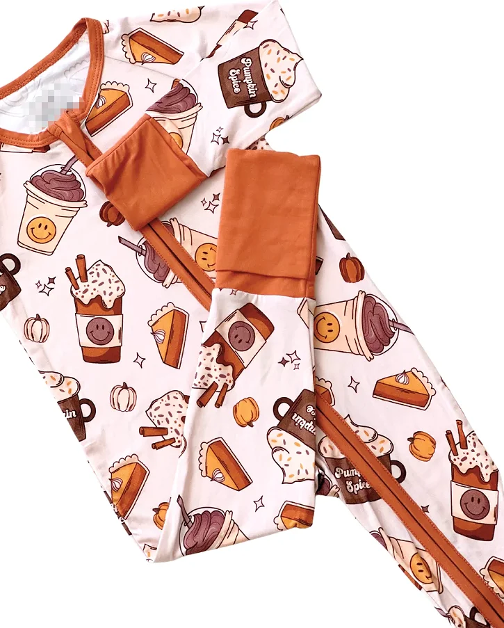 Custom Bamboo Baby Soft Pajamas Pumpkin Spice Toddler Foldable Cuff Jumpsuit 2-way Zipper Baby Rompers - Image 5