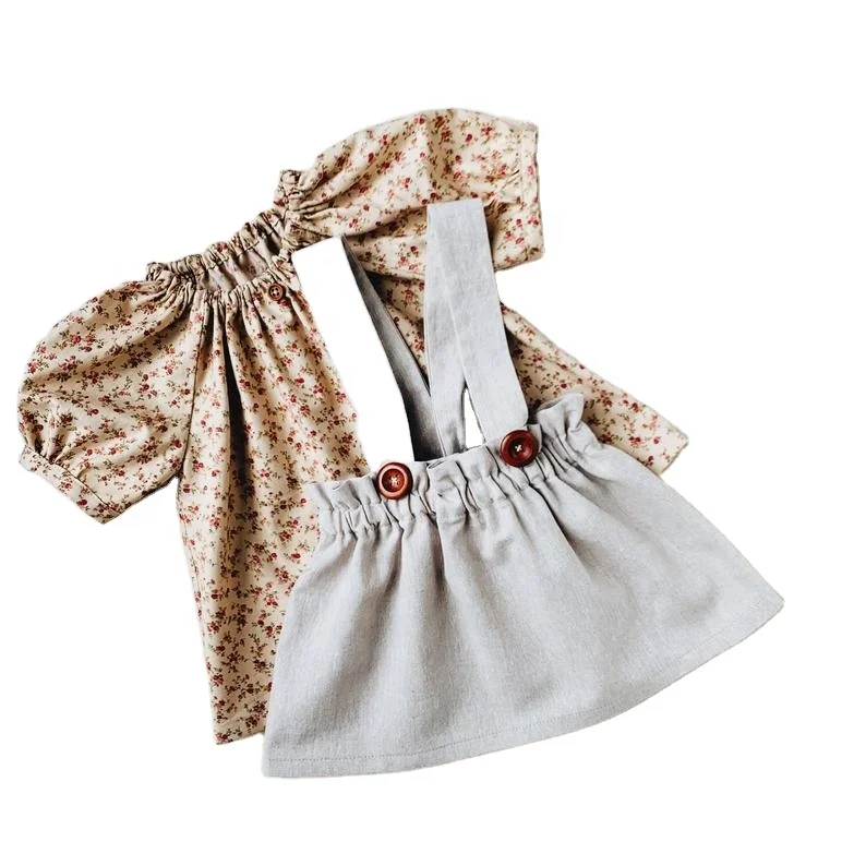 Summer Custom Girl Baby Cute Floral Suspenders Skirt Suit Pleated Lace Button Bow Suspenders Skirt