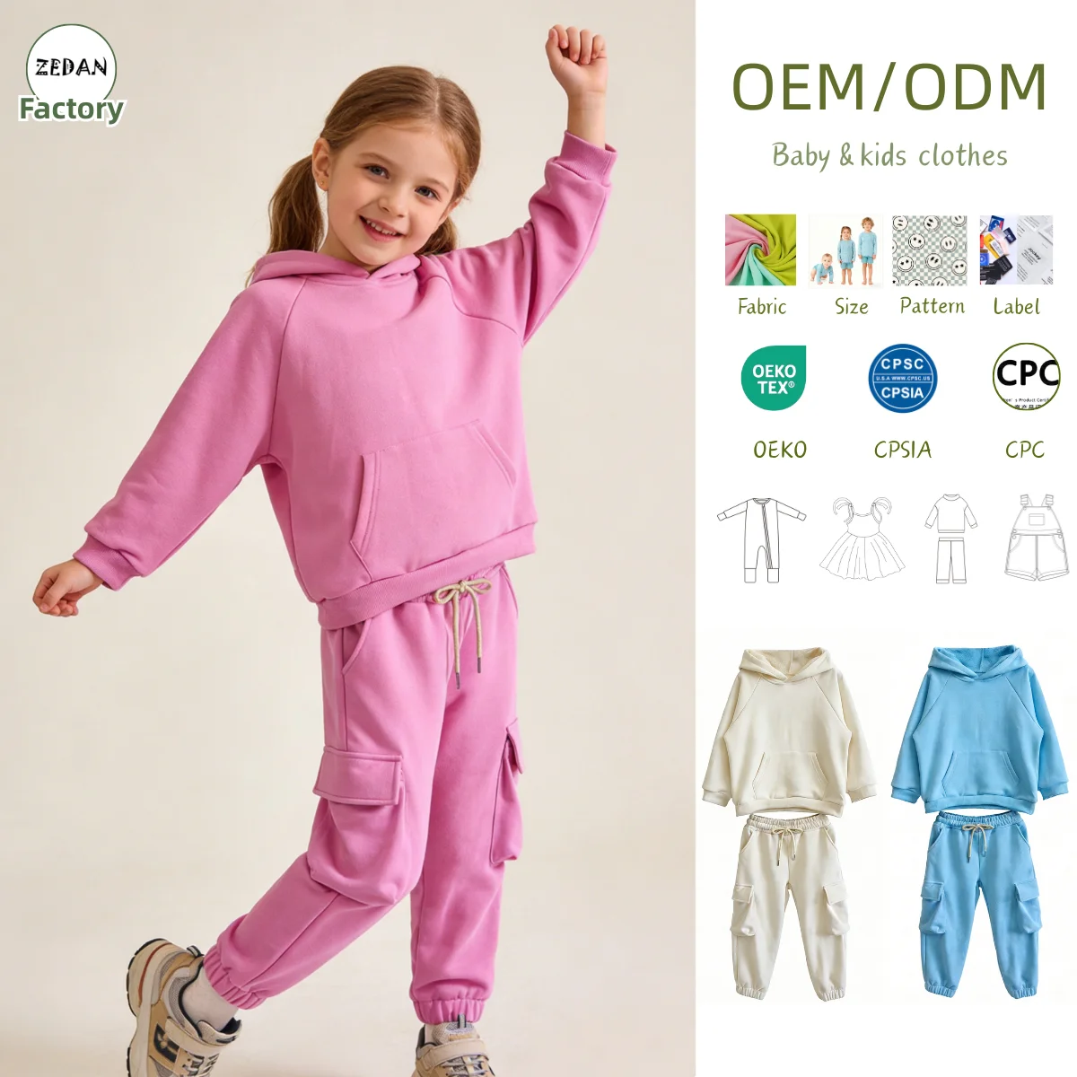 Comfortable Kids Set 100% Cotton French Terry Kids Set Raglan Sleeve Hoodie & Cargo Pocket Jogger Pants Casual Outfit 0-8T