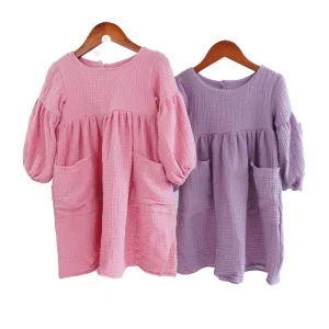 RTS Hot Sell Soft 100% Cotton Baby Girl Muslin Long Sleeve Loose pink Dresses