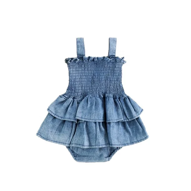 Custom Infant Baby Girl Summer Outfits Ruffle Denim Sleeveless Romper Dress One Piece Jumpsuit Bodysuit - Image 3