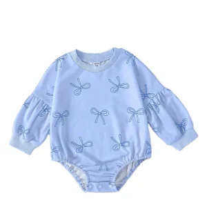 INS Custom Color French Terry Ribbed Sleeve Bow Pattern Baby Rompers Unisex Casual Style with Snap Button Closure for Autumn