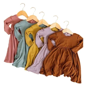 Baby Toddler Solid Tunic Cotton Jersey Dress Pleated Skirt Autumn Girls Long Sleeve Swing Dress