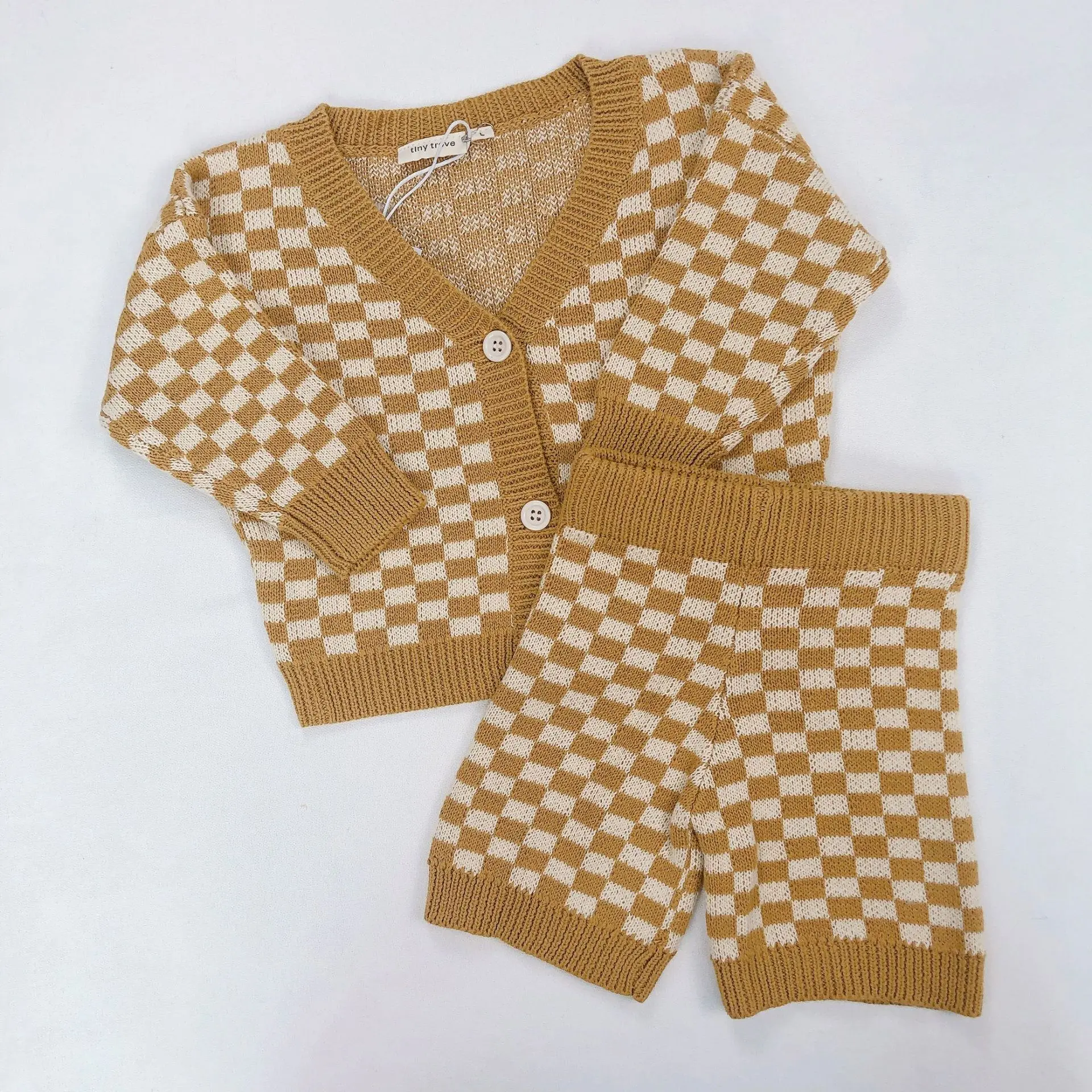 Factory Spring Kids Warm Plaid Buttons Sweater Set V-neck Long Sleeve Cardigan Shorts Knitwear Baby Suits - Image 6