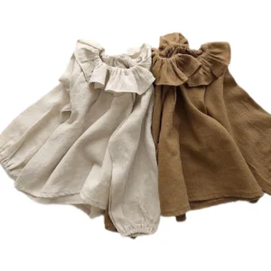 RTS  Solid Girls' Cotton Linen Long Sleeve Blouse with Ruffled Collar Baby Girl Spring Autumn Clothes