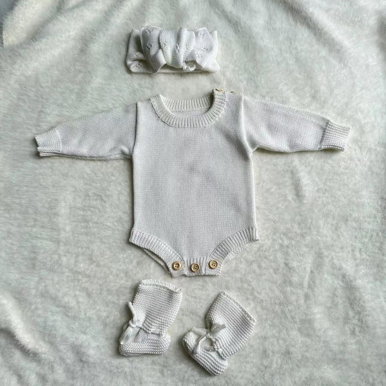 Custom Cozy Unisex Baby 100% Cotton Knitted 3 Pieces Set Long Sleeve Button Romper Newborn Baby Gift - Image 5