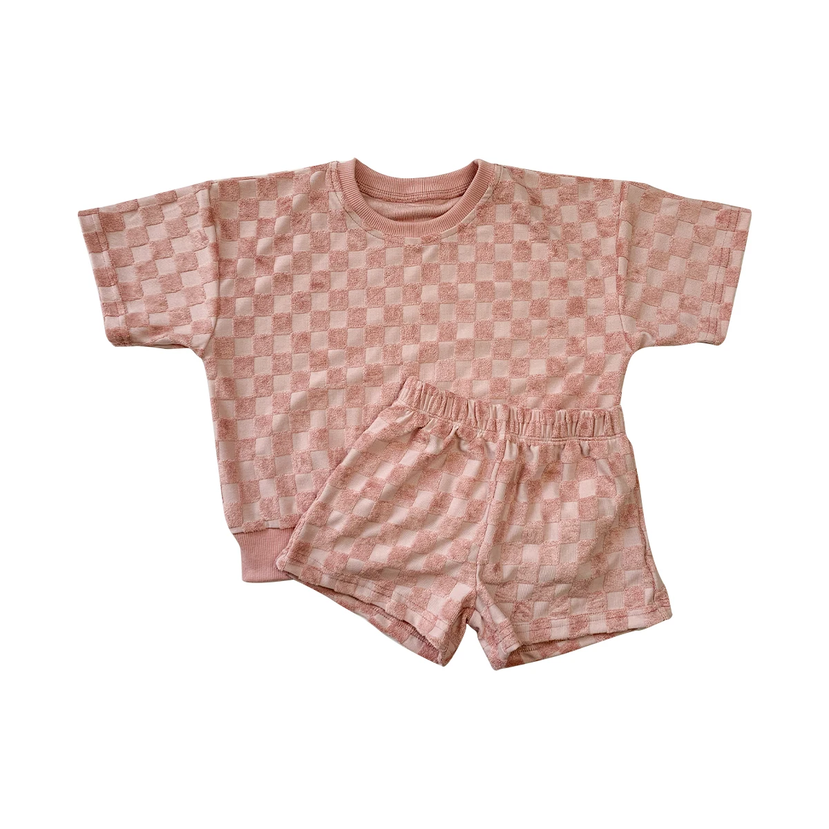 Custom Summer Checkered Baby Towel Fabric 2pcs Short Sleeve Jogger and Short Pants Set - Image 5