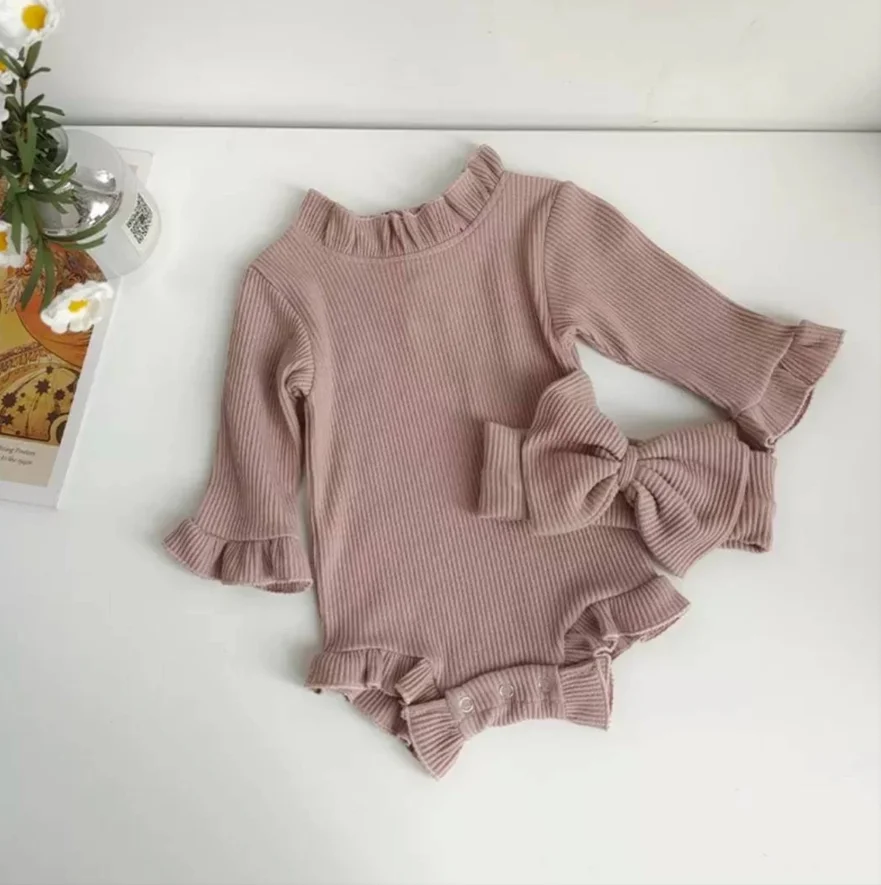 Baby Girl Romper & Bow Set Newborn Infant Ribbed Flared Sleeve Jumpsuit Baby Gift Newborn Cotton Bow and Romper Outfit - Image 6