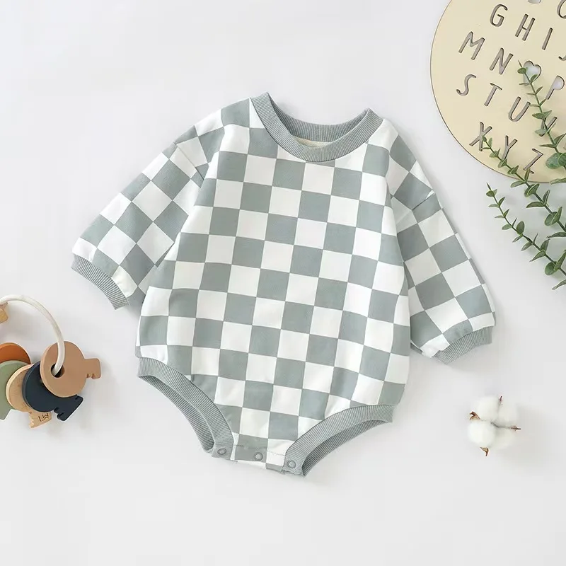 Ready to Ship Baby Long Sleeve Sweatshirt Romper Neutral French Terry Checkerboard Bubble Romper - Image 6