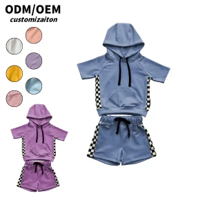 Custom-made Hooded Kids Set with Printed Drawstring Shorts and Short Sleeves a Two-piece Set