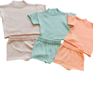 Custom 100% Cotton Soft  Speckled Knitted Baby Toddler Short Sleeve Oversized Rough Neckline Sweater Set