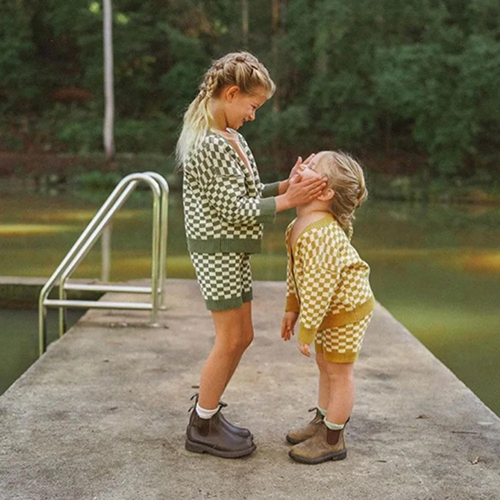 Factory Spring Kids Warm Plaid Buttons Sweater Set V-neck Long Sleeve Cardigan Shorts Knitwear Baby Suits - Image 3