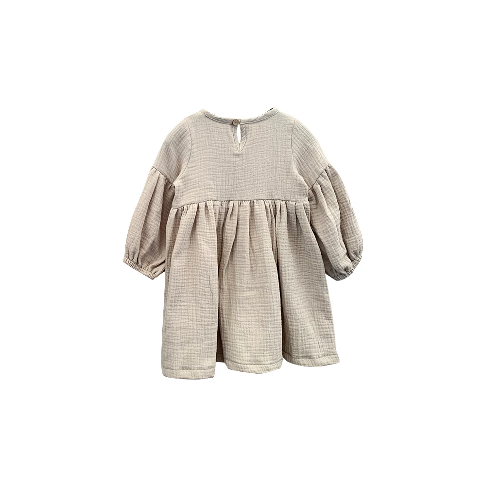 Classic Design Muslin Cotton Solid Color Long Sleeve Causal Baby Summer Dresses for Girls - Image 6